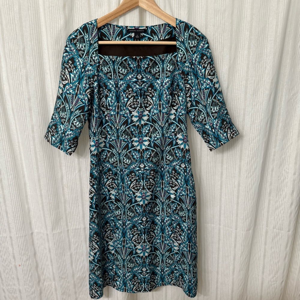 Banana Republic Brown & Turquoise Square Neck Lined Patterned Dress 100% Silk